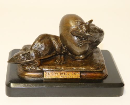 A Fine 19th Century French Bronze Ink Stand of Two Rats and an Egg
