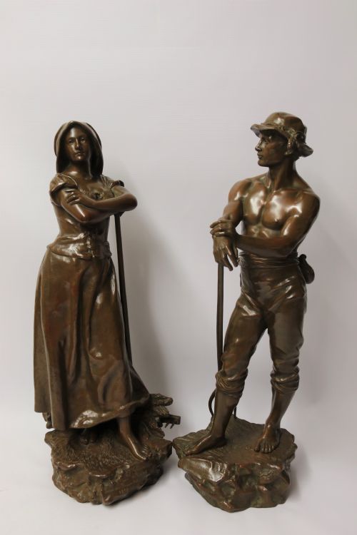 A Beautiful Pair of Large Bronze Figures Depicting Farm Workers