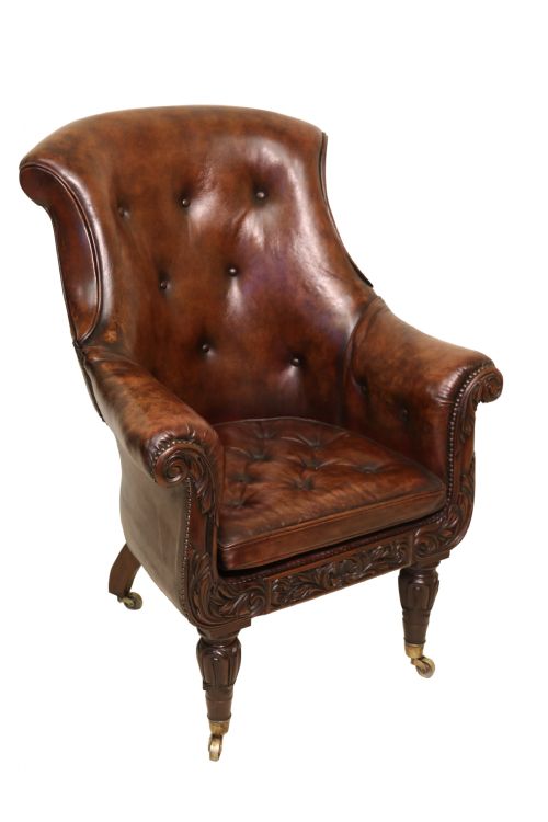 English Library Arm Chair, Leather Upholstered, Regency Period