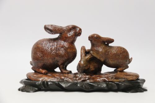 A 19th Century Chinese Carved Soapstone Rabbit  Group
