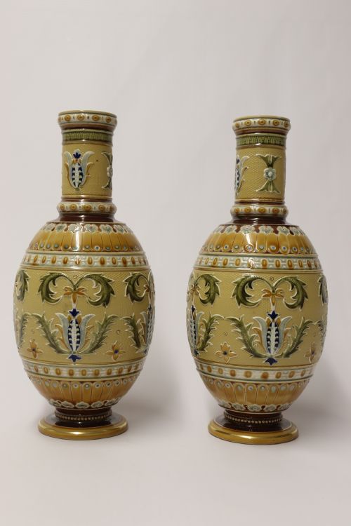 A Superb Pair of Late 19th C German Mettlach Pottery Vases