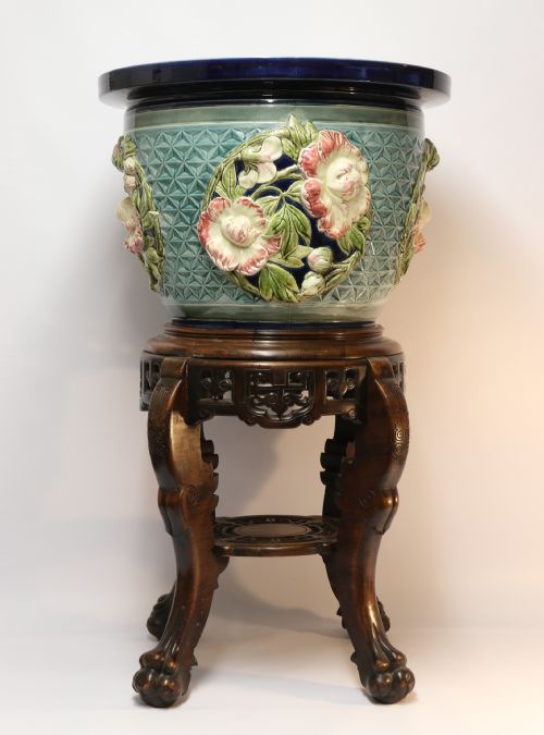 A Fine French Pottery Jardiniere with Original Stand