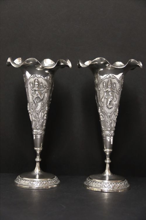 A Fine Pair of 19th Century Raj Period Indian Silver Vases
