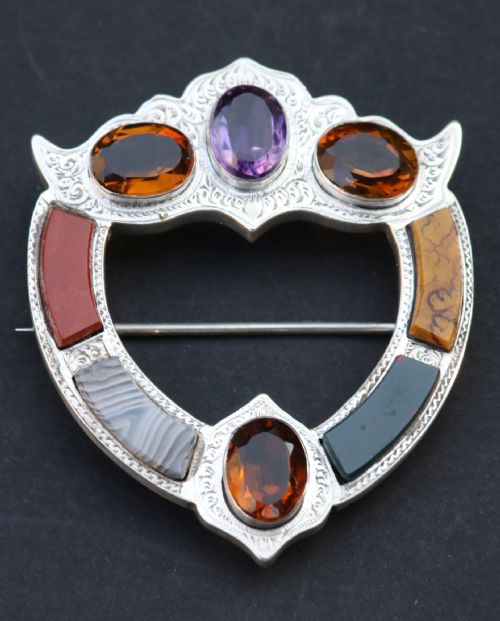 An Antique Victorian Scottish Silver Agate Cairngorm and Amethyst Broach