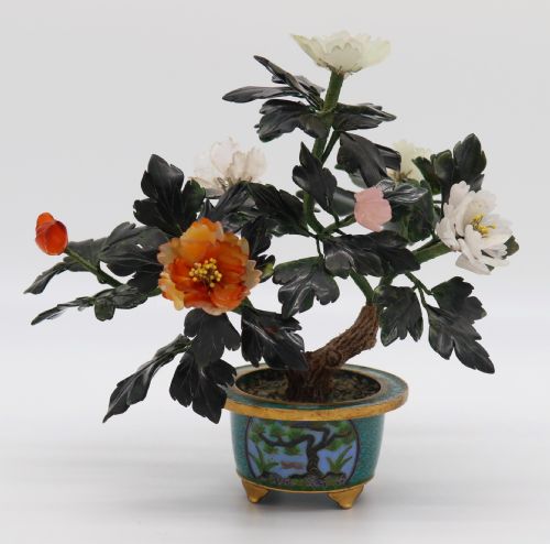 Superb Chinese Carved Hardstone and Cloisonne Model of a Potted Peony Tree