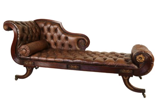 A Splendid Regency Mahogany and Brass Mounted Deep Buttoned Leather Upholstered Chaise Lounge