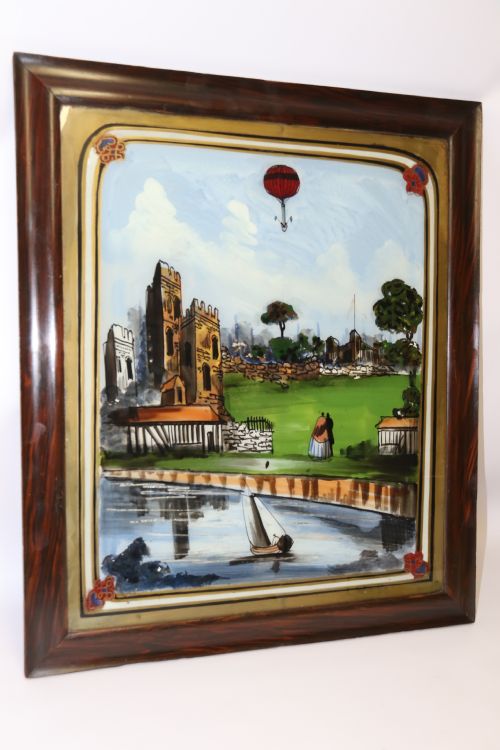 A Rare Reverse Painting on Glass of an Early English Gas Balloon Flight, Circa 1830