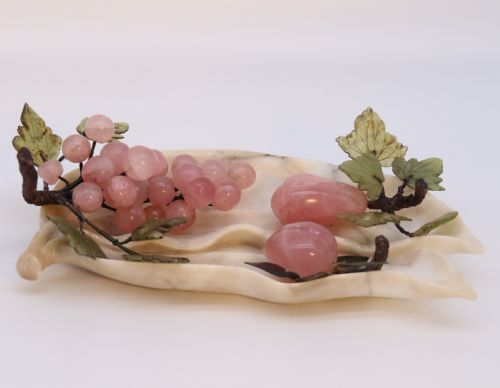 A Chinese Hardstone Collection of Fruit Together with a Carved Alabaster Leaf Dish