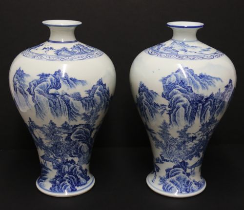 A Fine Pair of Chinese Republican Period Blue and White Hand Painted Porcelain Vases