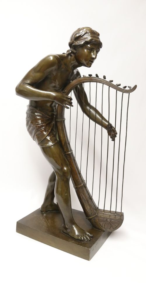 A Large Scale Belgium Bronze Study of the Biblical Figure of David Playing the Harp by Jean De Keyser
c.1880

