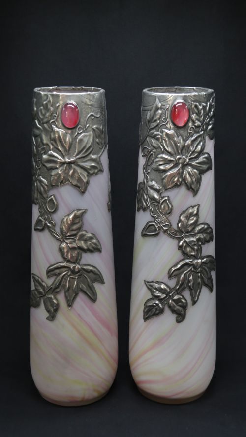A Large Pair of Arts and Crafts Glass Vases with Pewter Overlaid Decoration