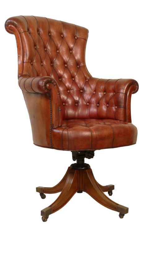 A Fully Adjustable Early 20th C Deep Buttoned Leather Upholstered Desk Chair