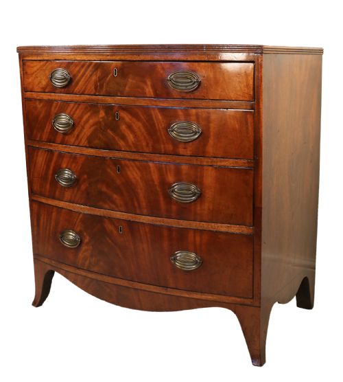 Antique Regency Period Flame Mahogany Small Bow Fronted Chest of Drawers