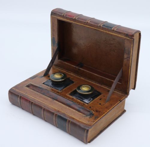 A Rare 19th Century Desk Pen and Inkstand Made in the Form of Two Leather Bound Books.