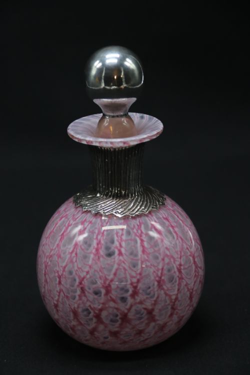 A Most Unusual 1930s Art Glass and Silver Mounted Perfume Bottle.