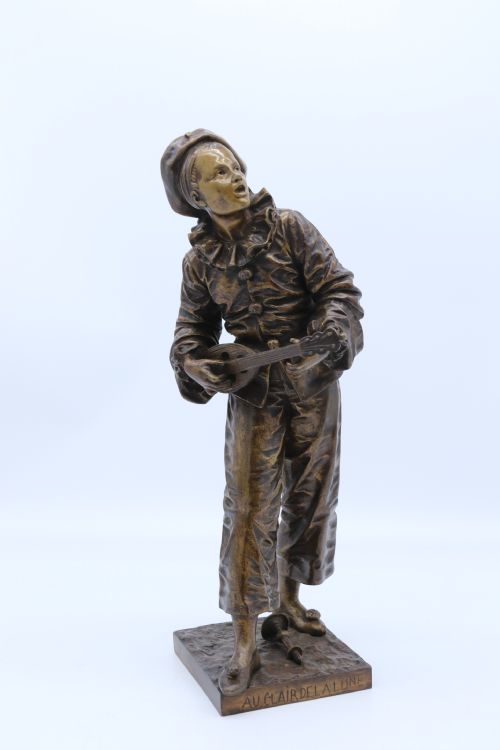 A Fine French Bronze Sculpture of a Pierrot Singing and Playing the Lute by Bornet.