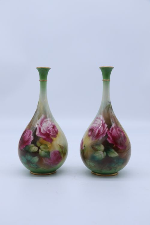 An Exquisite Pair of Hadley’s Royal Worcester Hand Painted Vases by Harry Martin, C 1907