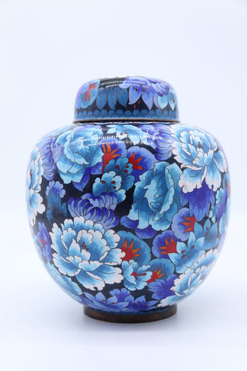 Stunning Chinese Large Cloisonné Ginger Jar Enamelled with Peonies, C 1930