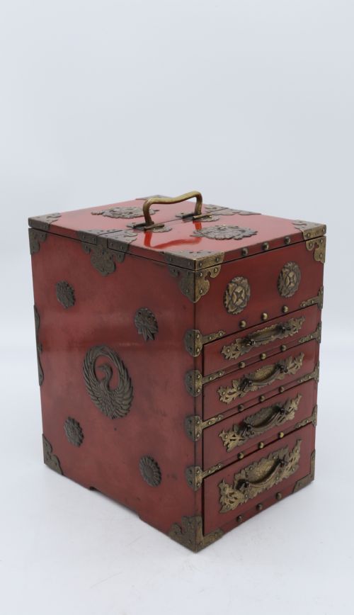 A Superb Late 19th Century Japanese Red Lacquer and Bronze Mounted Collectors or Jewellery Cabinet.