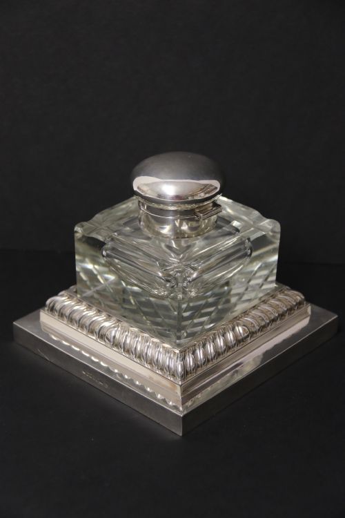 A Large Silver Plated and Cut Glass Desk Inkwell Circa1910