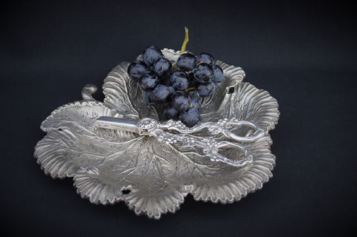 A Rare Late 19th Century Silver Plated and Hand Engraved Grape Salver with Matching Grape Scissors.