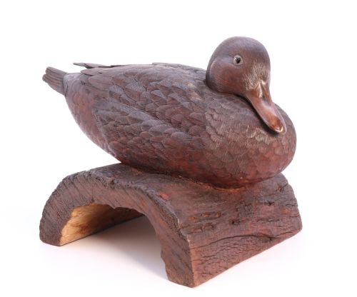A Superb Black Forest Carved Linden Wood Study of  a Perched Mallard Duck.

