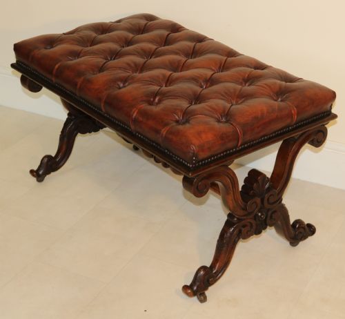 19th Century Large Carved Walnut and Leather Upholstered Stool

