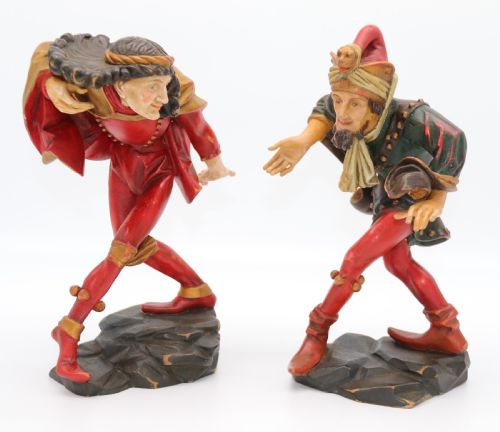A Superb Pair of Black Forest Carved Lime Wood and Polychrome Painted Dancing Jester Figures