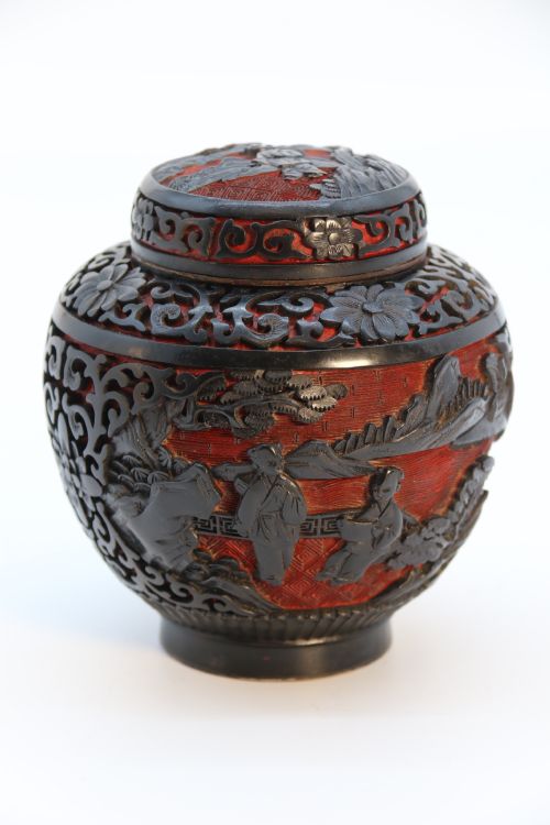 A Fine Chinese Carved Cinnabar Red and Black Lacquer Jar and Cover, Circa 1920