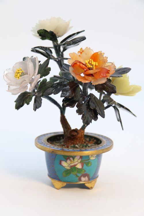 A Very Fine Chinese Carved Hardstone and Cloisonne Study of a Flowering Bonsai Tree, Circa 1920