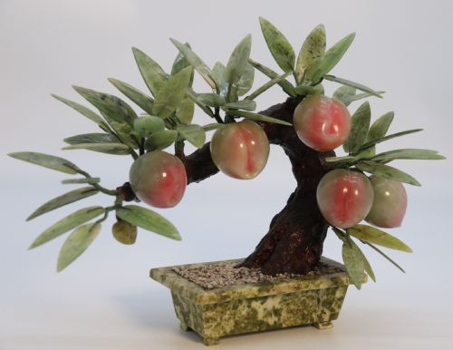 A Rare Chinese Large Hardstone Study of a Fruiting Peach Bonsai Tree, Circa1930

