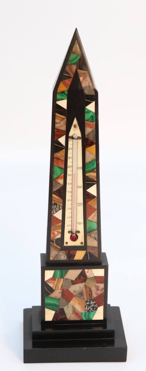 A Fine 19th Century Derbyshire Black Slate and Specimen Marbles Obelisk with Thermometer

