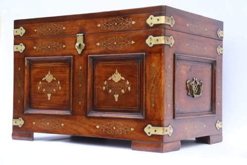 An Indian Teak and Brass Inlaid Marriage or Dowry Chest