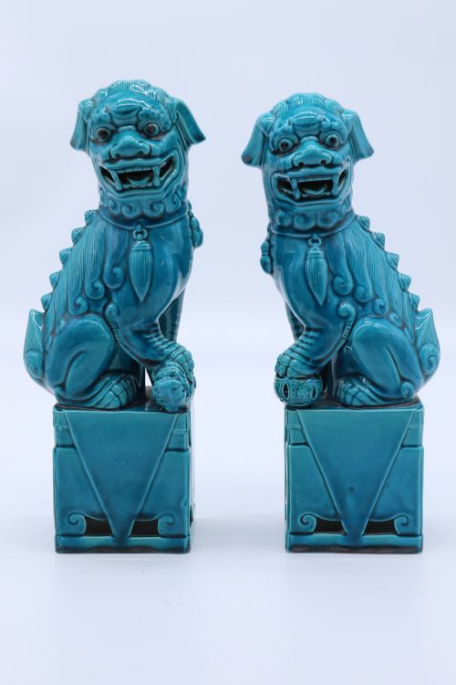 A Pair of Porcelain Chinese Buddhist Temple Lions or Foo Dogs, Circa 1900