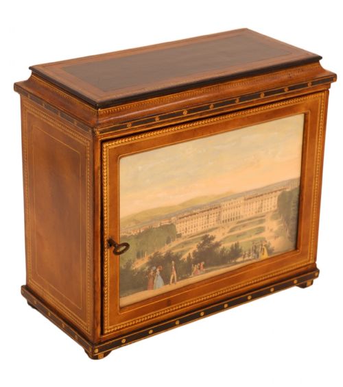 An Italian Grand Tour Late 19th Century Jewellery Cabinet Finished in Gilt Tooled Leather with a Hand Coloured View of the Royal Palace, Caserta Italy.

