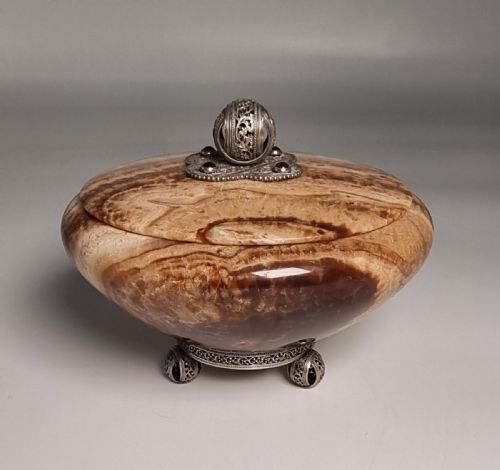 An Italian Specimen Marble Silver Mounted Bowl and Cover