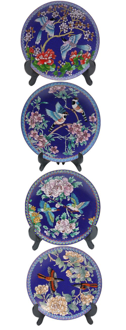 A Set of Four Chinese Cloisonne Cabinet Plates with Exotic Birds and Blossom.

