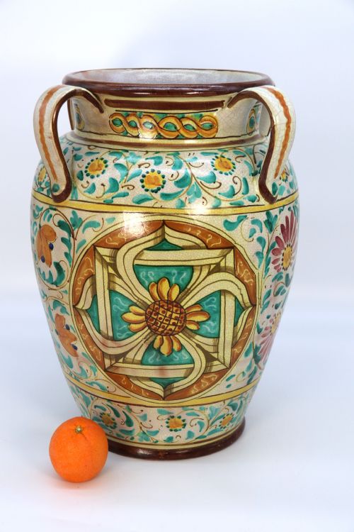 A Large Italian Hand Thrown and Painted Majolica Pottery Vase, Circa 1930

