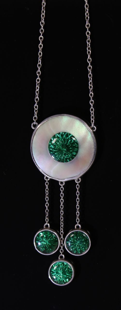 An Art Deco Silver Mother of Pearl Green Enamel Necklace Circa 1920