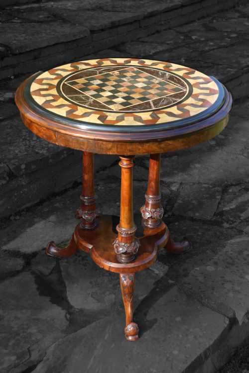 Antique Victorian Pietra Dura Specimen Marble Topped Burr Walnut Occasional/games Table, Circa 1860