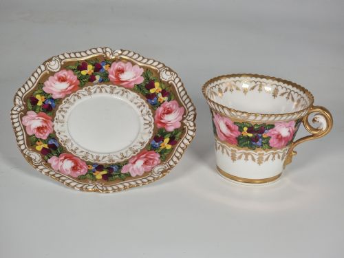 fig 1. A rare Chamberlains Worcester cabinet cup and saucer hand painted with roses and pansies, circa 1816