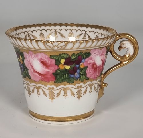 fig 2. A rare Chamberlains Worcester cabinet cup and saucer hand painted with roses and pansies, circa 1816