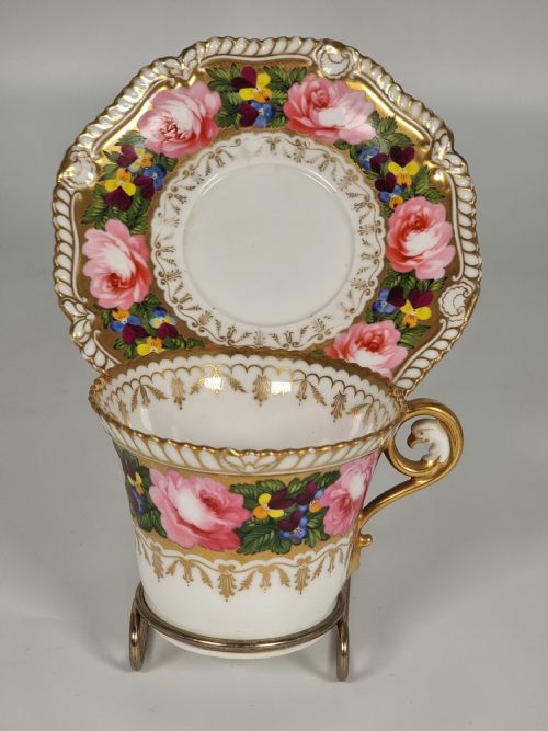 A Rare Chamberlains Worcester Cabinet Cup and Saucer Hand Painted with Roses and Pansies, Circa 1816

