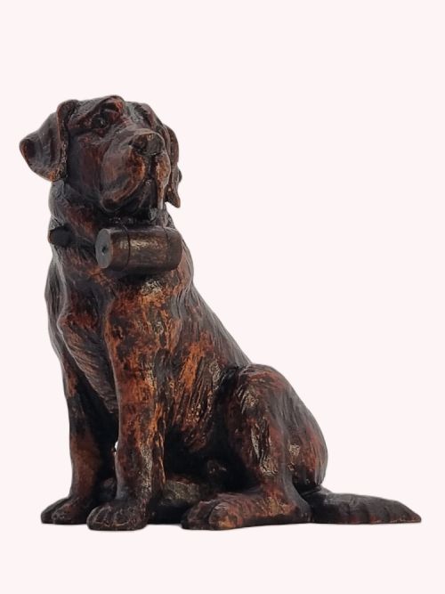 Antique Hand Carved Study of Black Forest Lime Wood Seated St. Bernard Rescue Dog