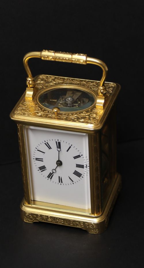 A 19th Century French Hand Engraved and Gilt Cased Repeating Carriage Clock by Francois Arsene Margaine