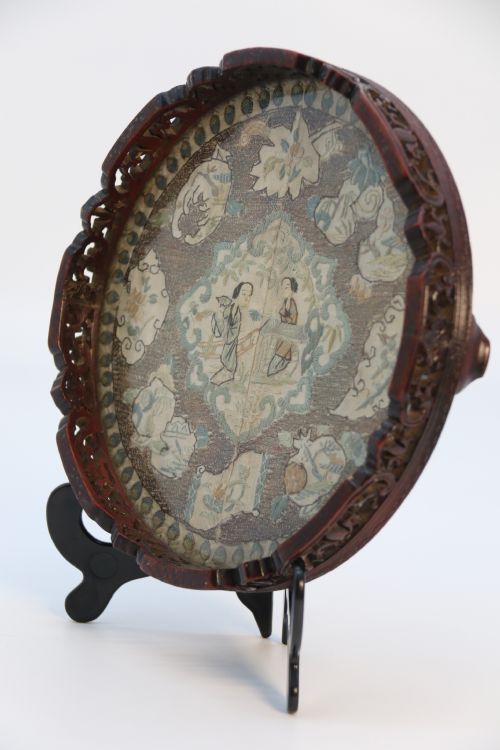 ANTIQUE CHINESE CARVED HARDWOOD AND SILK EMBROIDERED TRAY CIRCA 1860 - ADDITIONAL PHOTO 2