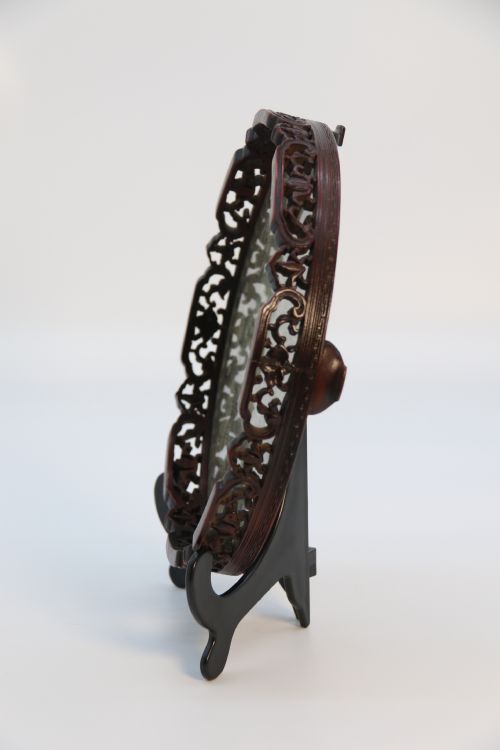 ANTIQUE CHINESE CARVED HARDWOOD AND SILK EMBROIDERED TRAY CIRCA 1860 - ADDITIONAL PHOTO 3