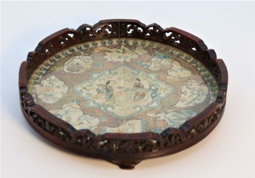 ANTIQUE CHINESE CARVED HARDWOOD AND SILK EMBROIDERED TRAY CIRCA 1860 - ADDITIONAL PHOTO 6