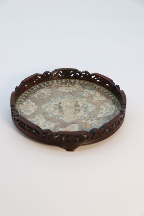 ANTIQUE CHINESE CARVED HARDWOOD AND SILK EMBROIDERED TRAY CIRCA 1860 - ADDITIONAL PHOTO 7