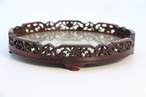 ANTIQUE CHINESE CARVED HARDWOOD AND SILK EMBROIDERED TRAY CIRCA 1860 - ADDITIONAL PHOTO 8